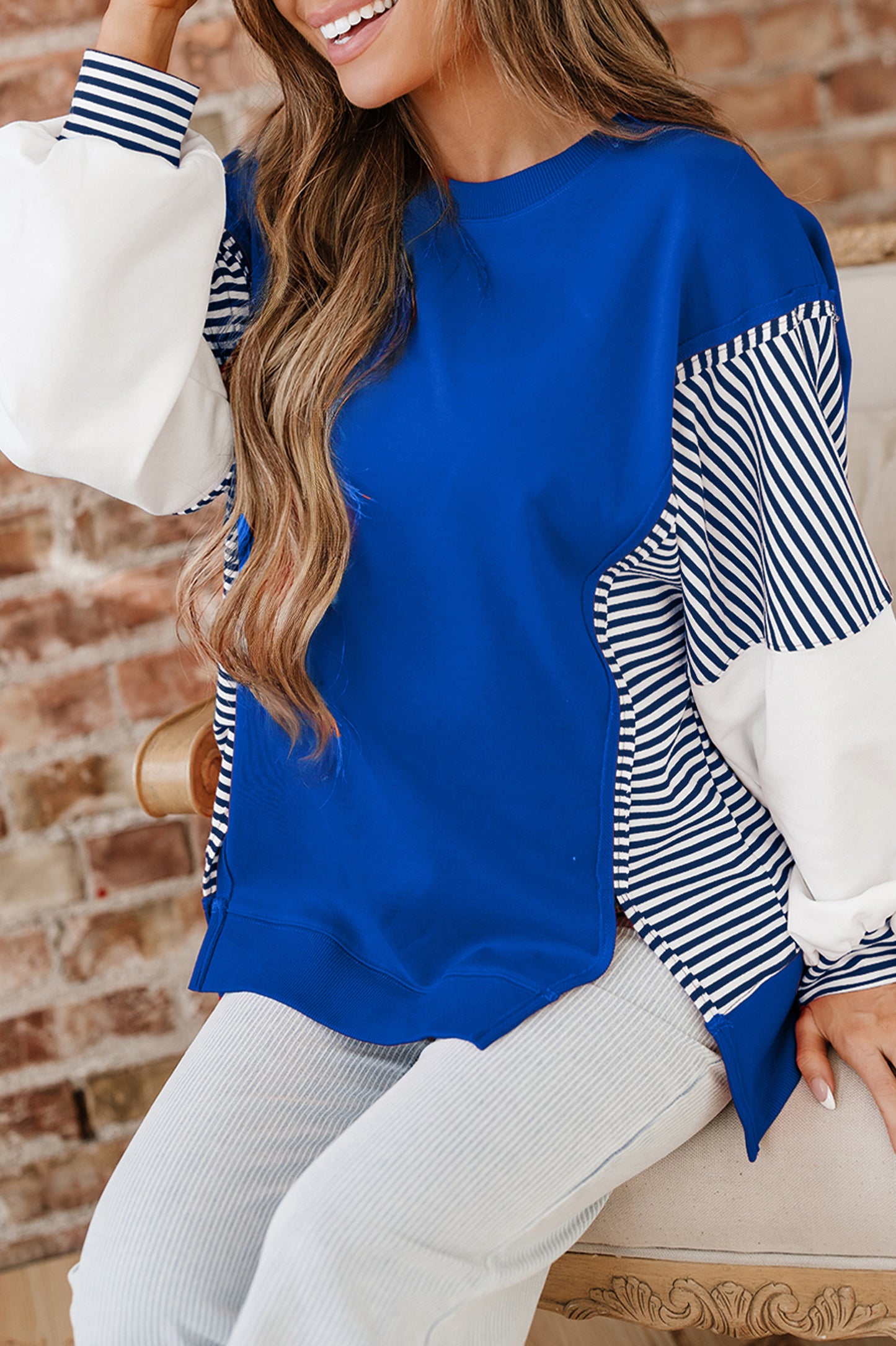 Racing Red Striped Patchwork Sleeve Colorblock Sweatshirt