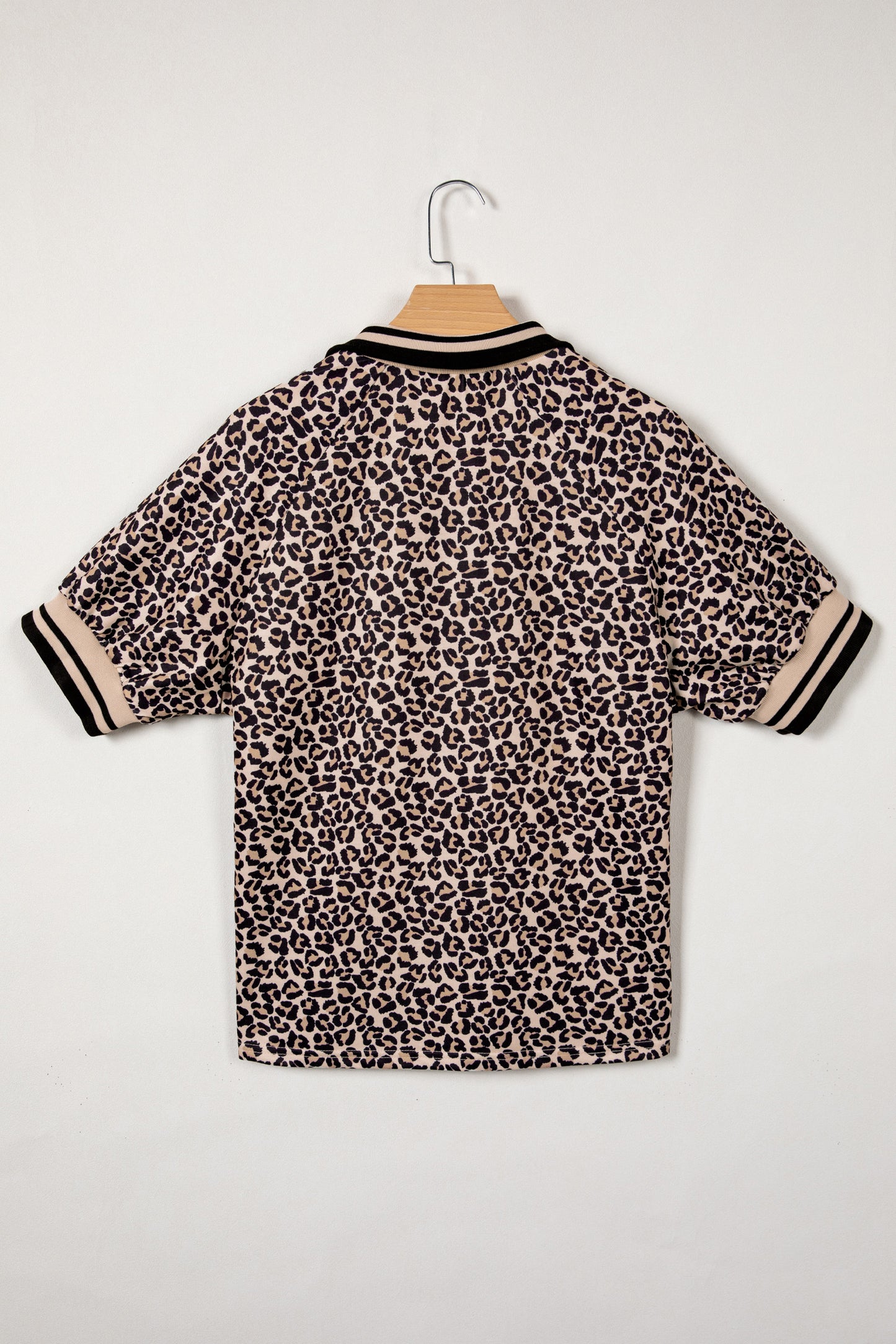 Brown Leopard Print Half Zip Striped Trim Short Sleeve Top