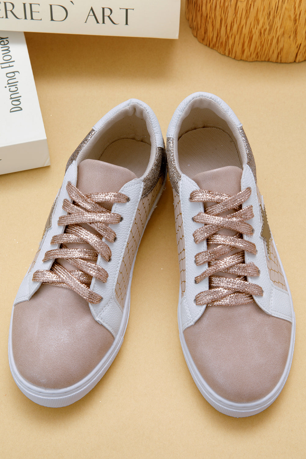 Gold Glitter Star Patchwork Lace-Up Sneakers