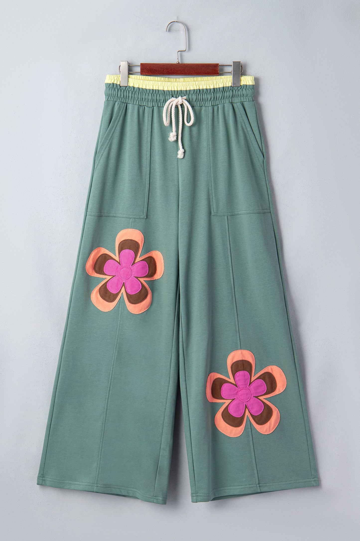 Sky Blue Color Block Flower Patchwork Drawstring Contrasted Elastic Waist Wide Leg Pants