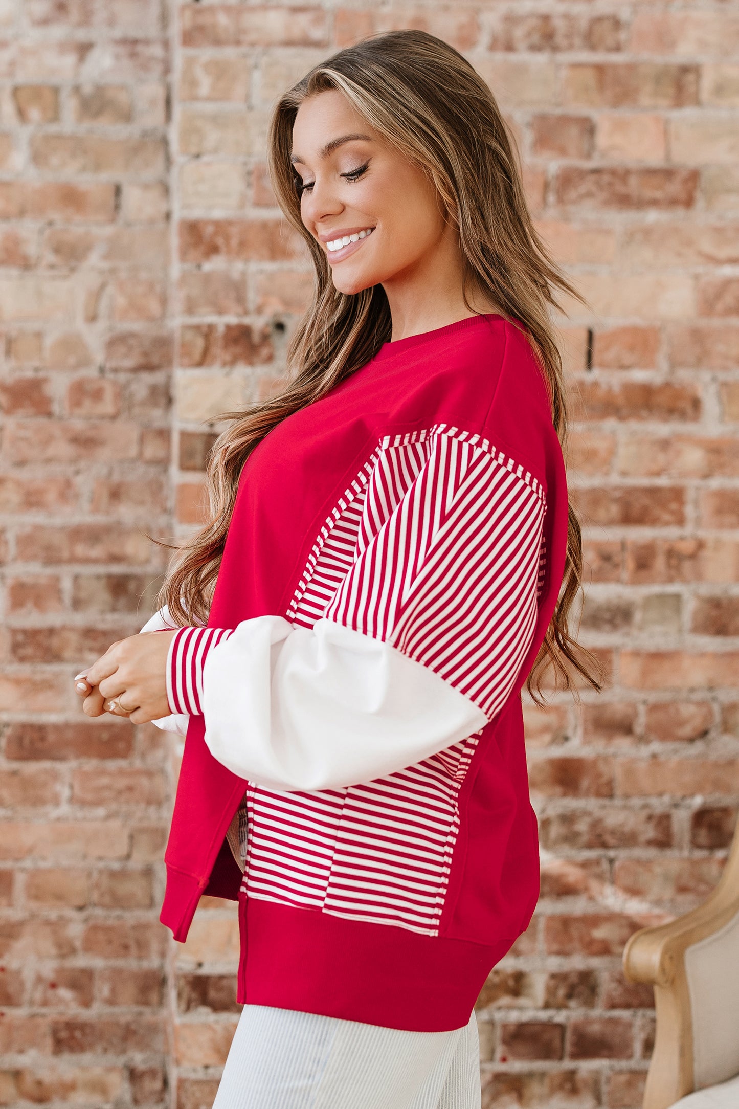 Racing Red Striped Patchwork Sleeve Colorblock Sweatshirt