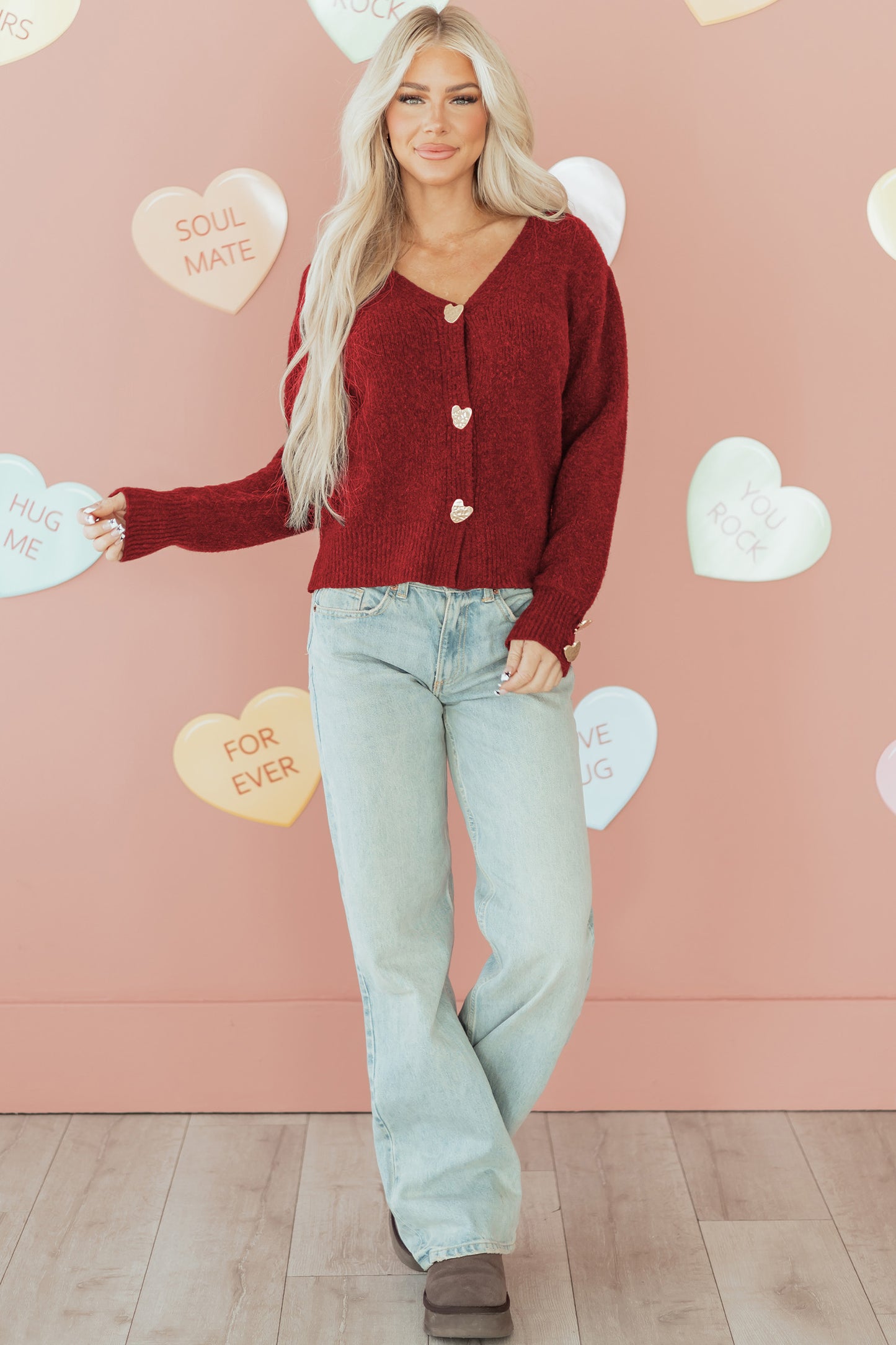 Heart Metal Button V-Neck Cardigan Sweater