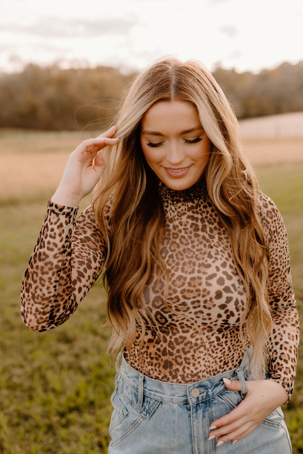 Brown Leopard Print Smocked Neck Mesh Long Sleeve Bodysuit