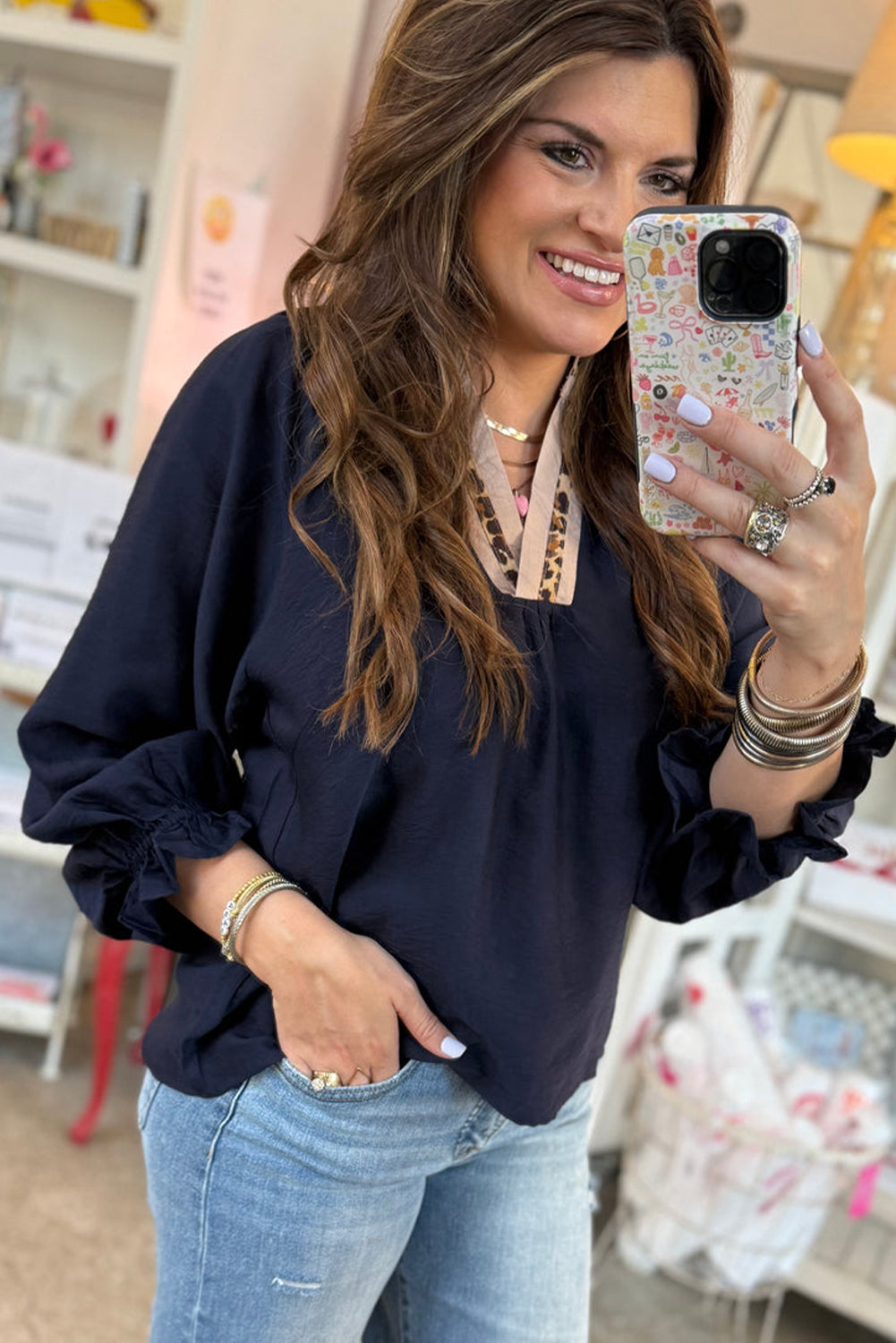 Contrast Leopard Patchwork Collar Plus Size Long Flounce Sleeve Blouse