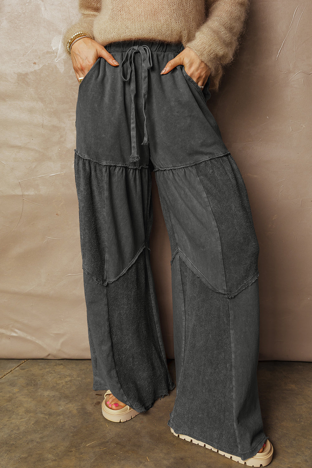 Mineral Wash Tiered Wide Leg Patchwork Drawstring Pants