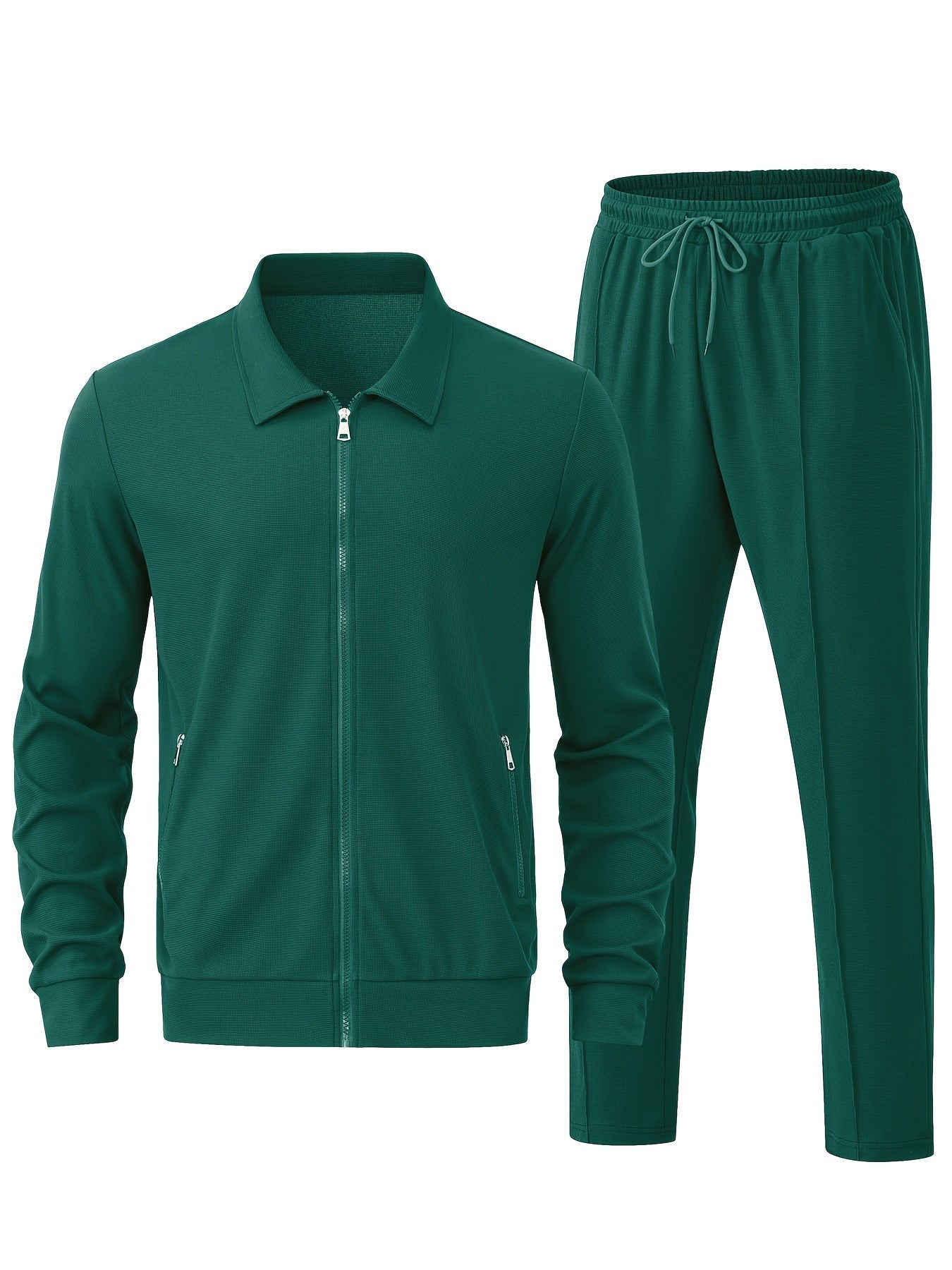 Men's Solid Waffle 2Pcs Athletic Outfit, Zip-up Jacket & Trousers Co ord Set