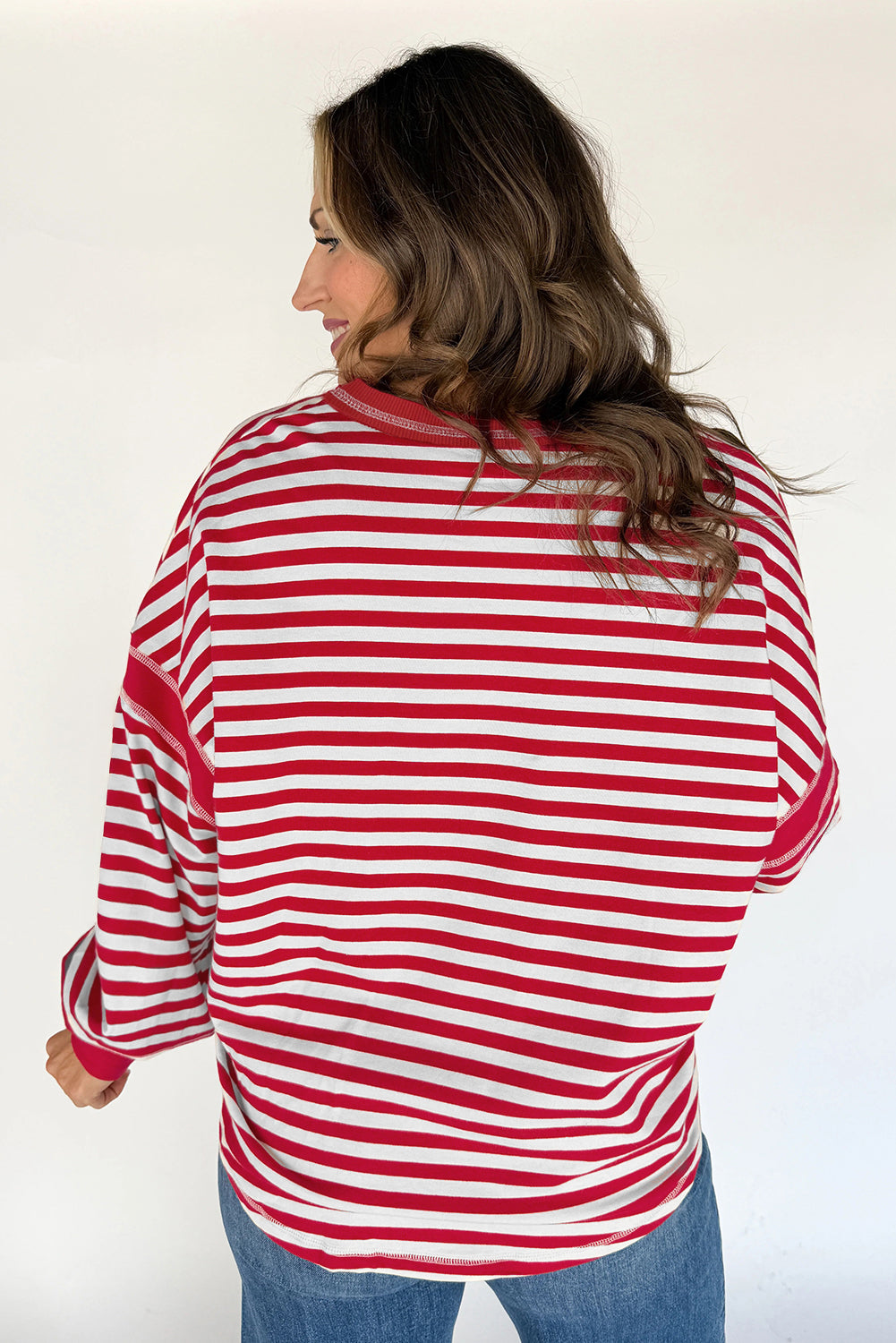 Stripe Exposed Seam V Neck Balloon Sleeve Pullover - Red