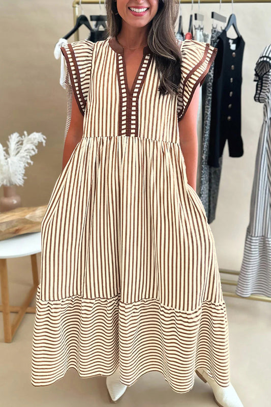 Stripe Double Ruffled Short Sleeve Contrast Trim V Neck Midi Dress