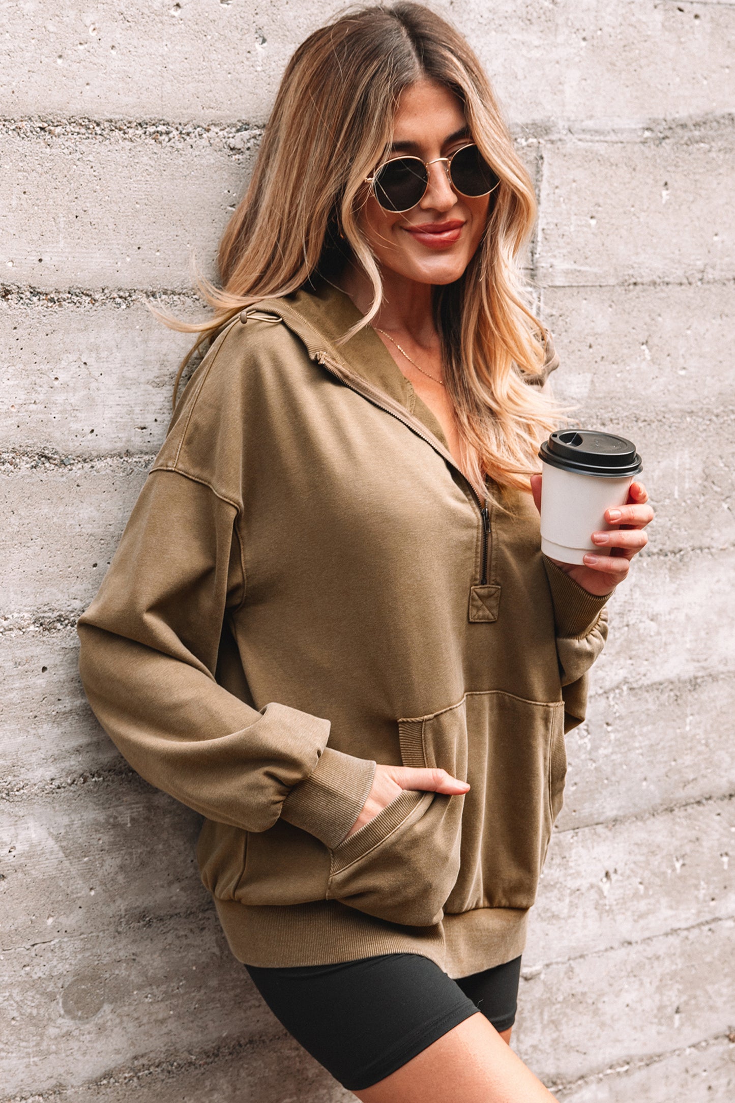 Half Zip Kangaroo Pocket Mineral Wash Baggy Hoodie