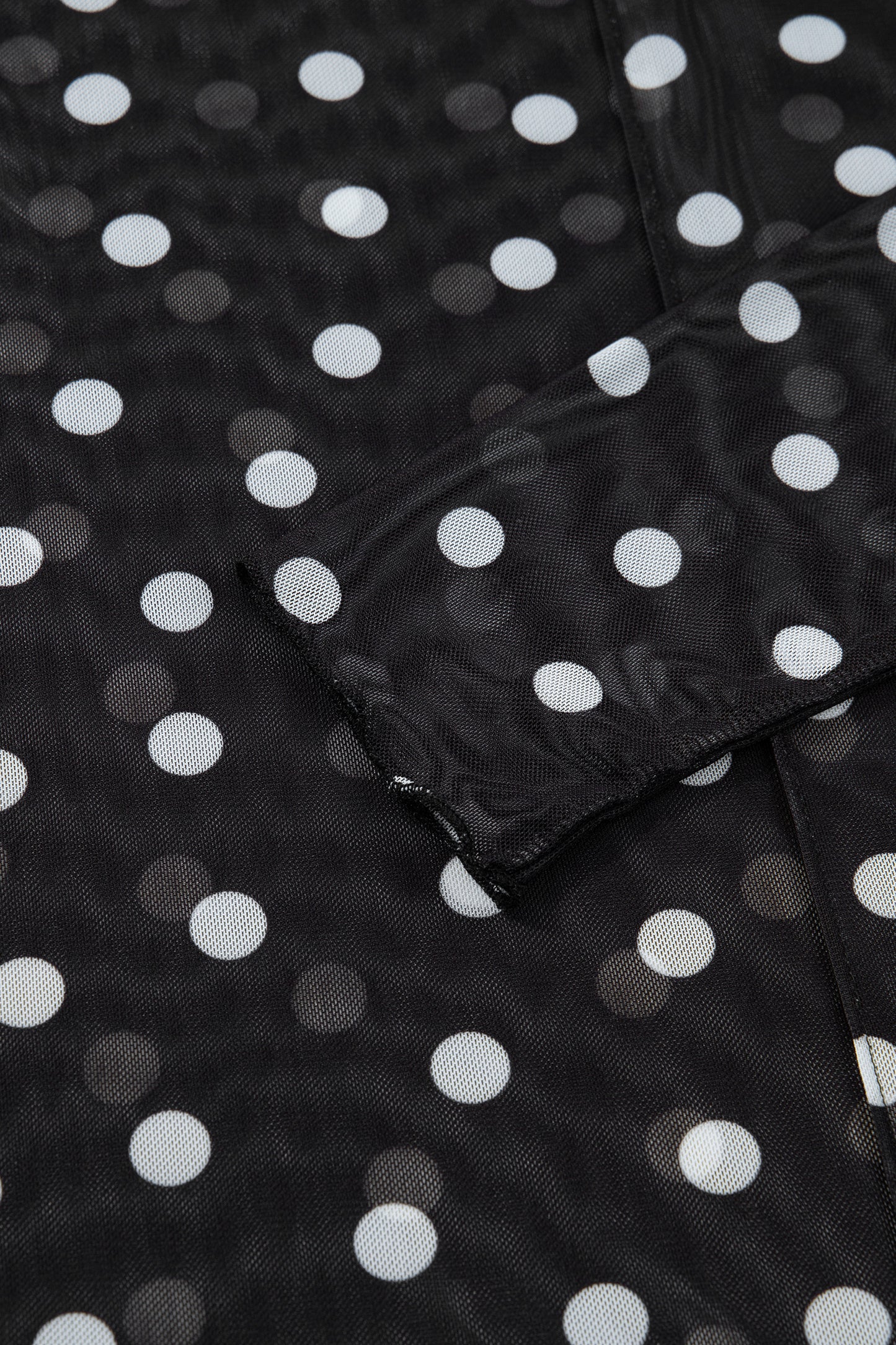 Polka Dot Patterned Bodycon Mock Neck Mesh Long Sleeve Top