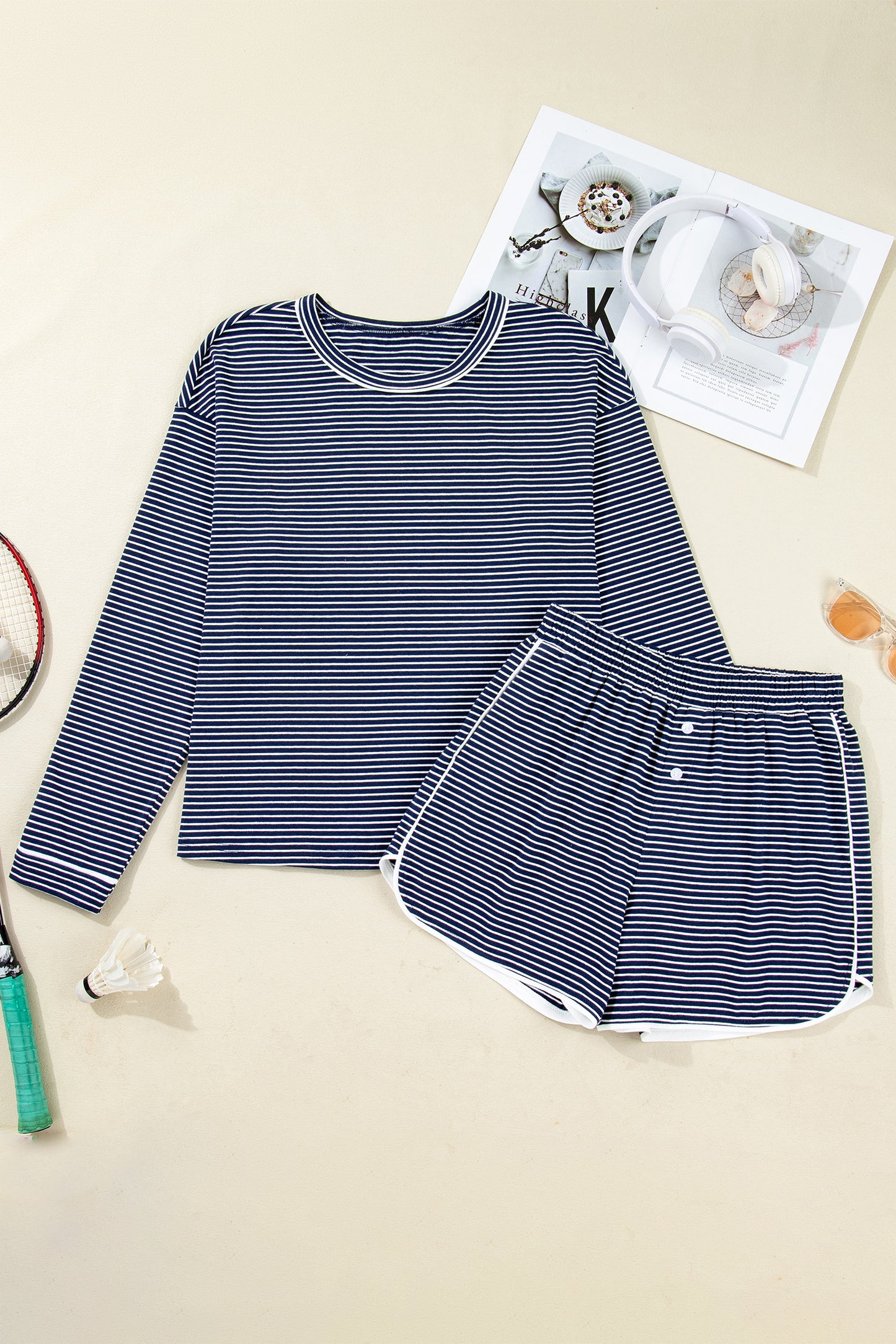 Stripe Drop Shoulder Tee and Buttoned Shorts Lounge Set - Blue