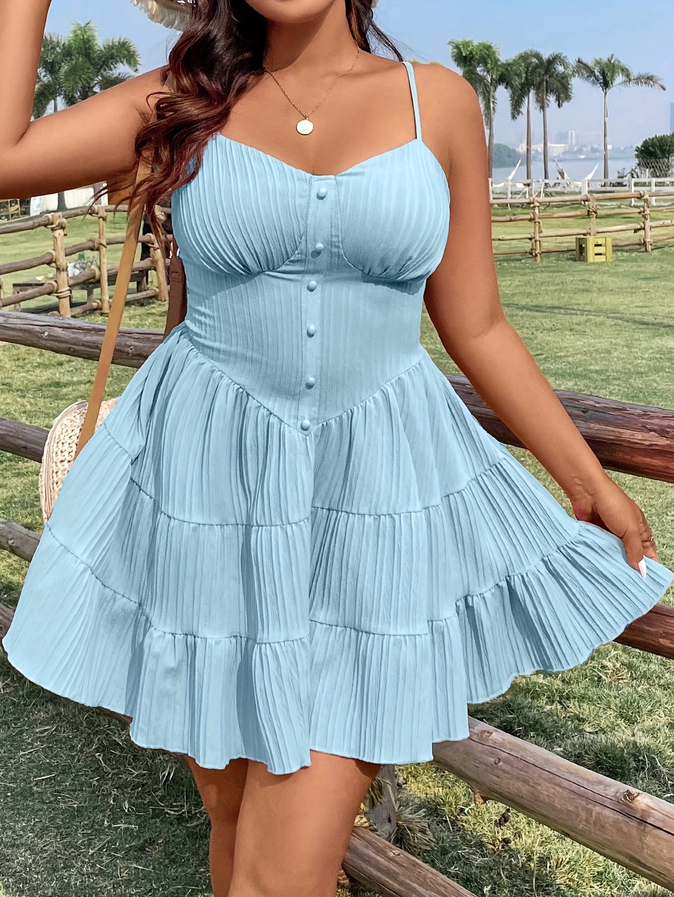 Women's Plus Size Textured Solid Tiered Cami Sleeveless Dress