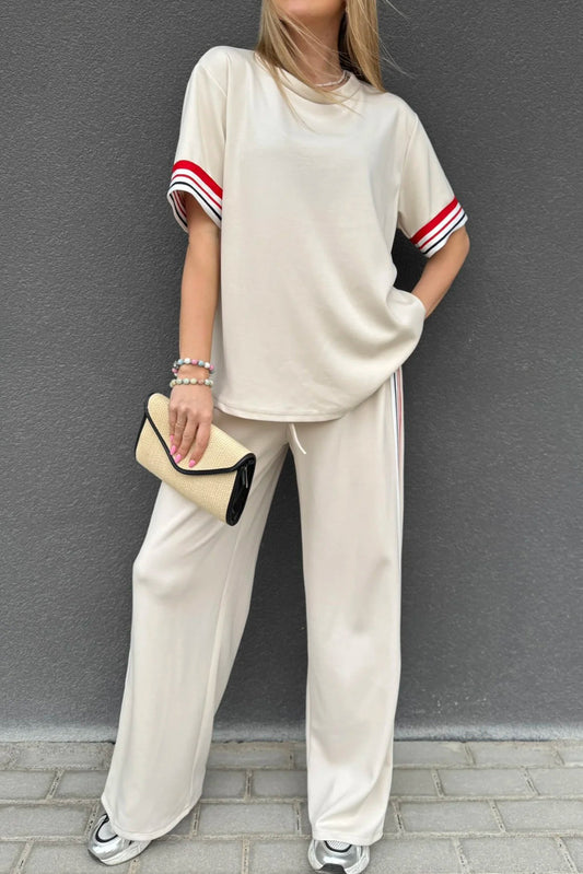 Contrast Striped Trim Crewneck T Shirt Loose Straight Pants Set