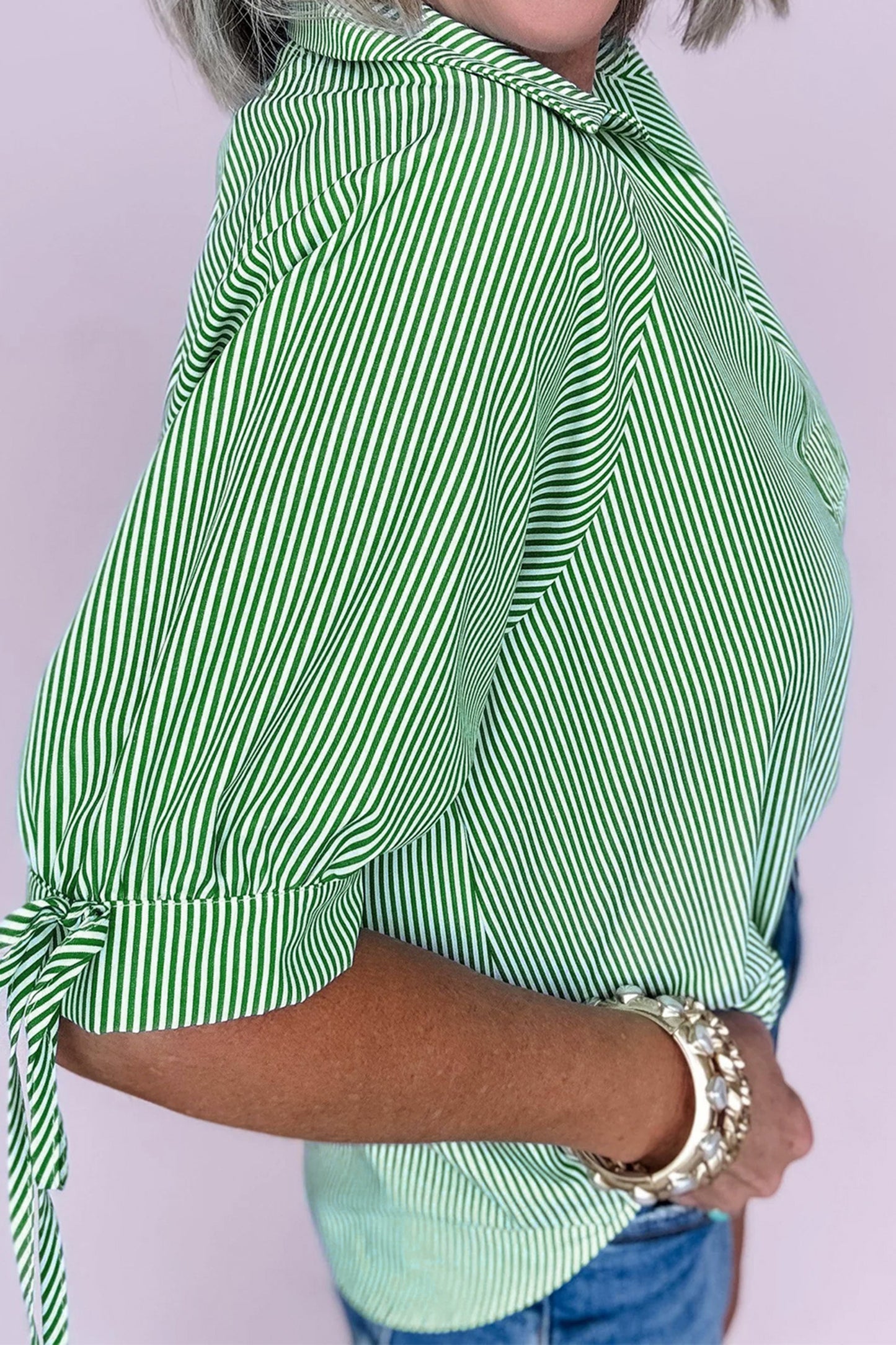 Striped Print Collared Split Neck Half Sleeve Blouse