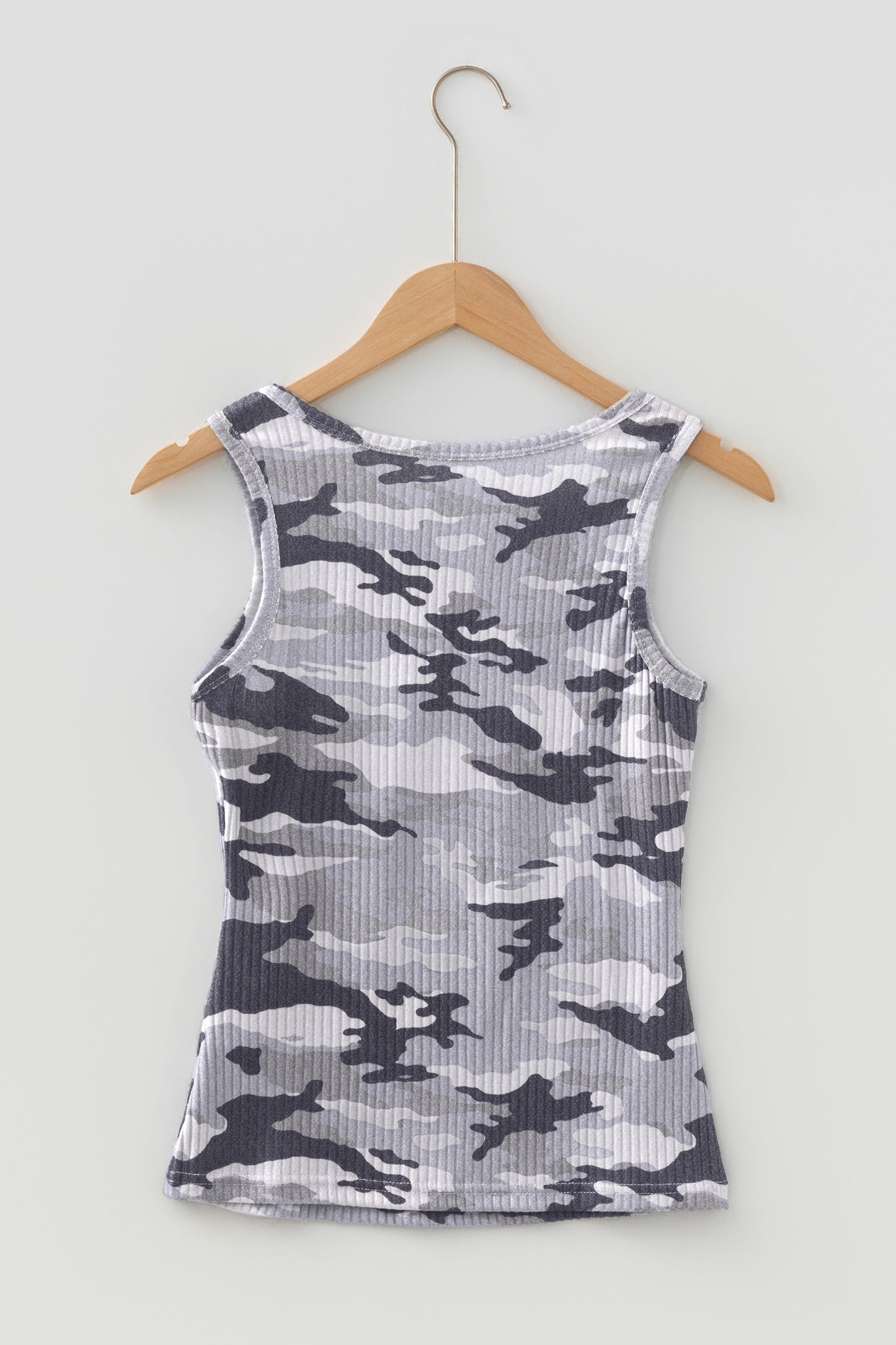 Green Camouflage Print Ribbed Knit Round Neck Tank Top