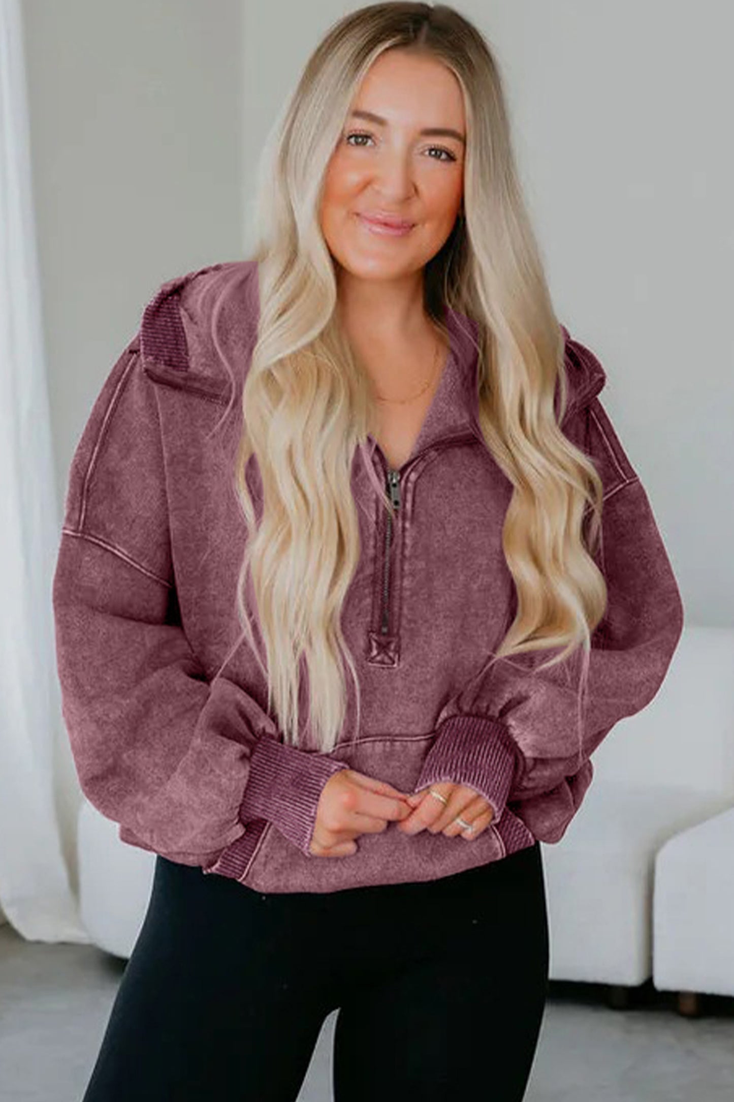 Half Zip Kangaroo Pocket Mineral Wash Baggy Hoodie