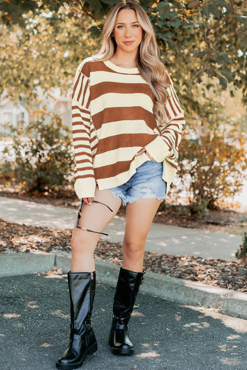 Brown Stripe Drop Shoulder Patchwork Baggy Sweater