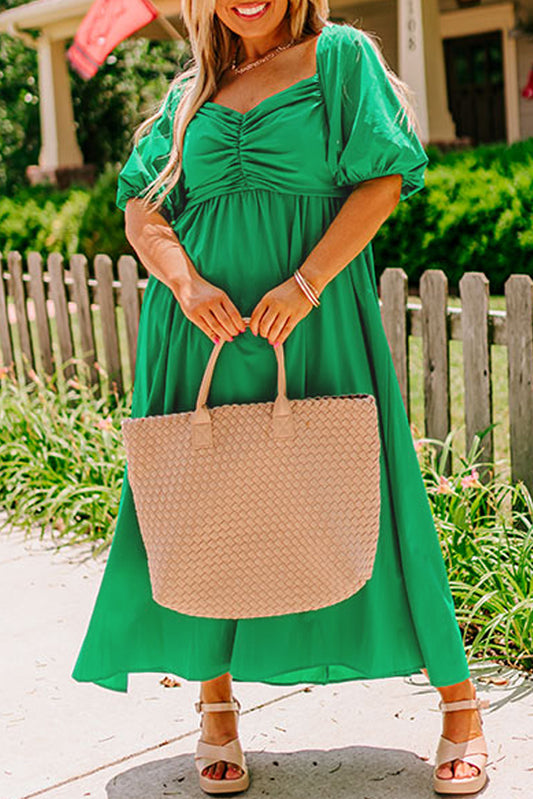 Ruched Front Puff Sleeve Plus Size Long Dress
