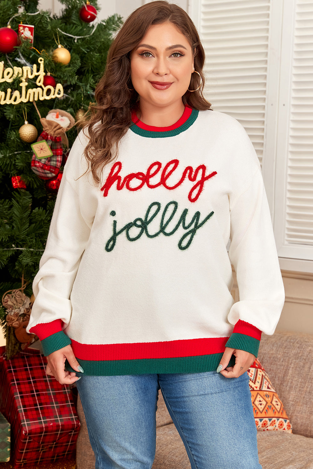 White Tinsel Holly Jolly Pattern Colorblock Drop Shoulder Sweater - Plus Size