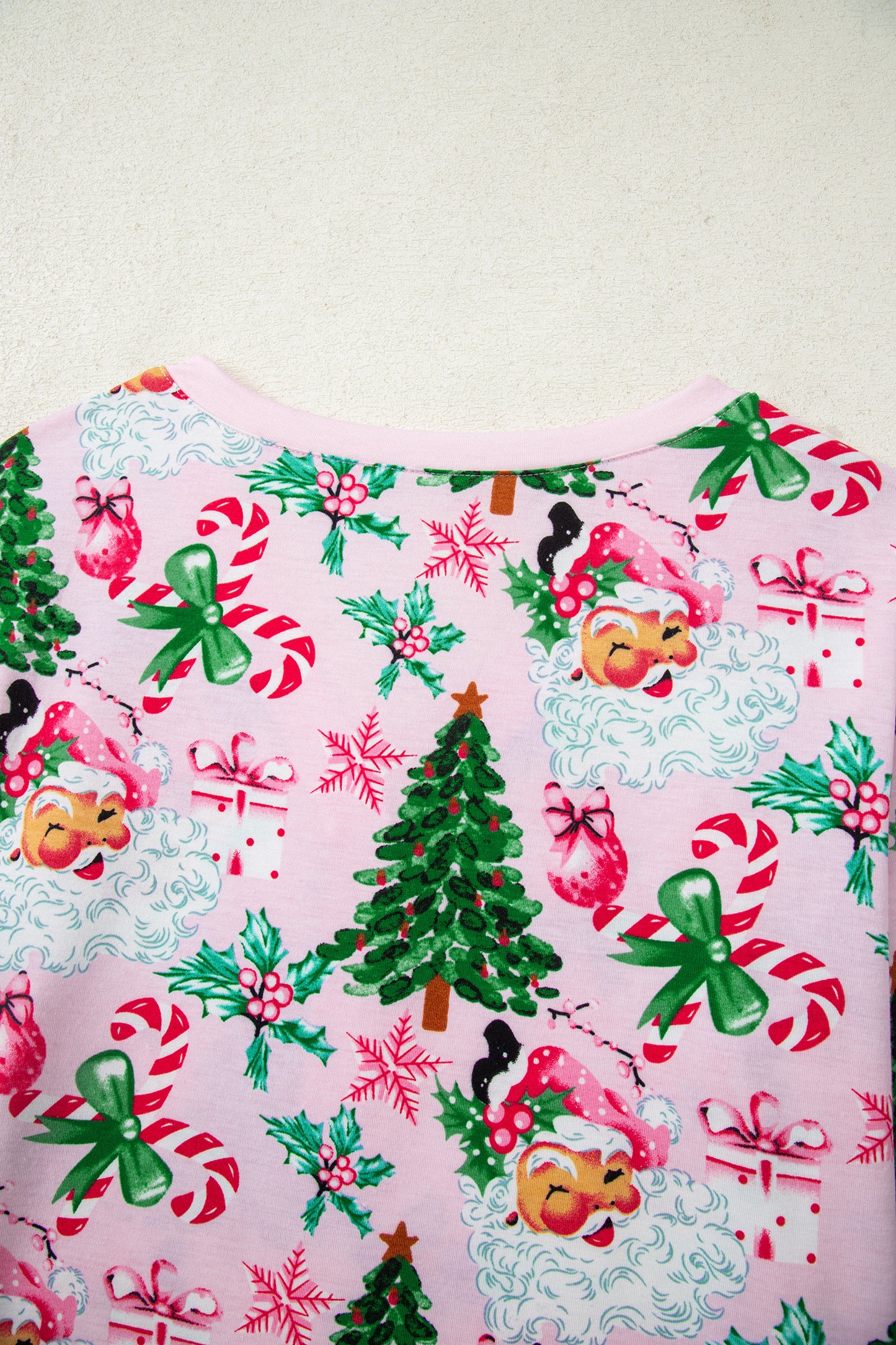 Pink Christmas Pattern Button V Neck Pullover and Drawstring Pants Lounge Set