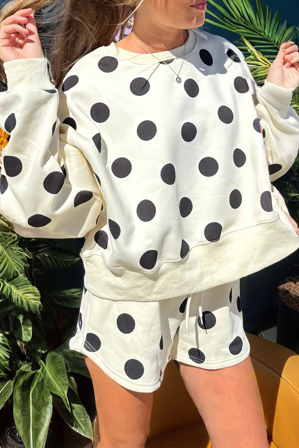 Polka Dot Print Drop Shoulder Pullover & Drawstring Shorts Set