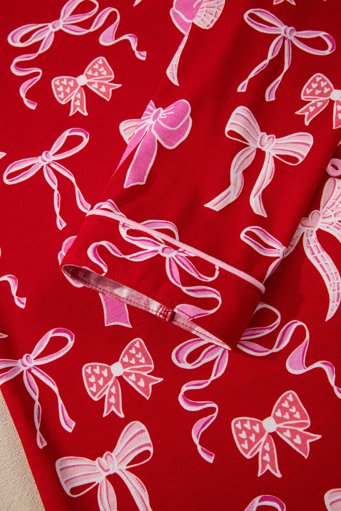 Sweet Bow Print Shirt Style Top & Long Pants Pajama Set