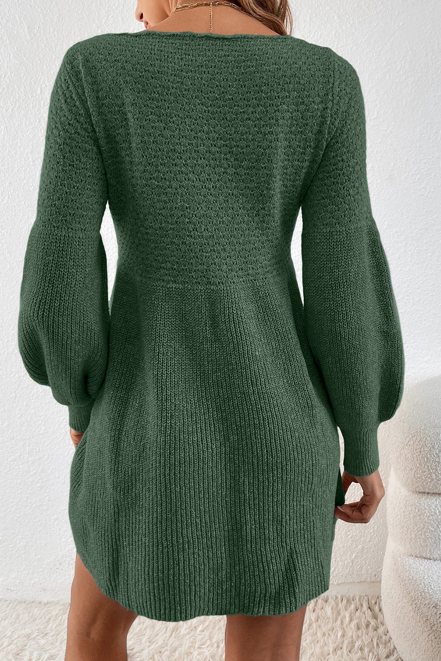 Mist Green Lantern Sleeve Empire Waist Short Sweater Dress