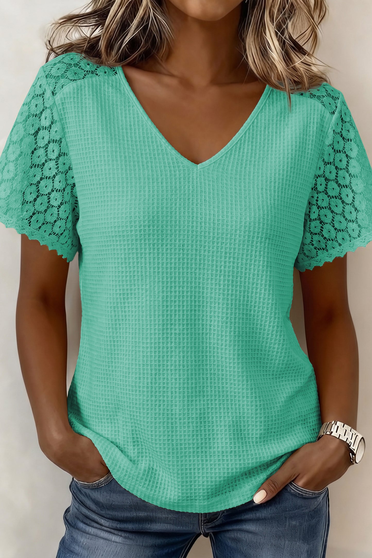 Lace Trim Button Cutout V-Neck Waffle Knit Blouse