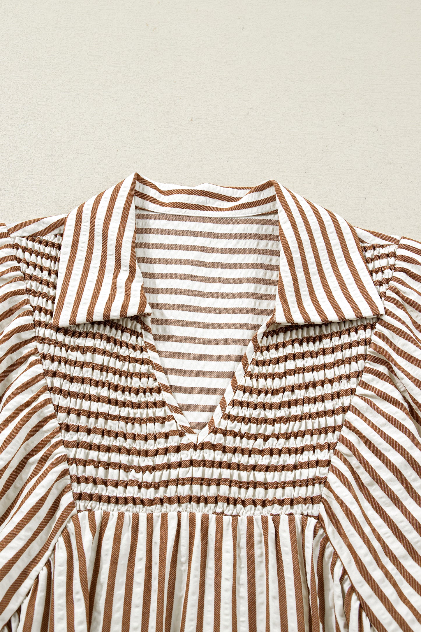 Stripe Shirred V Neck Short Puff Sleeve Blouse