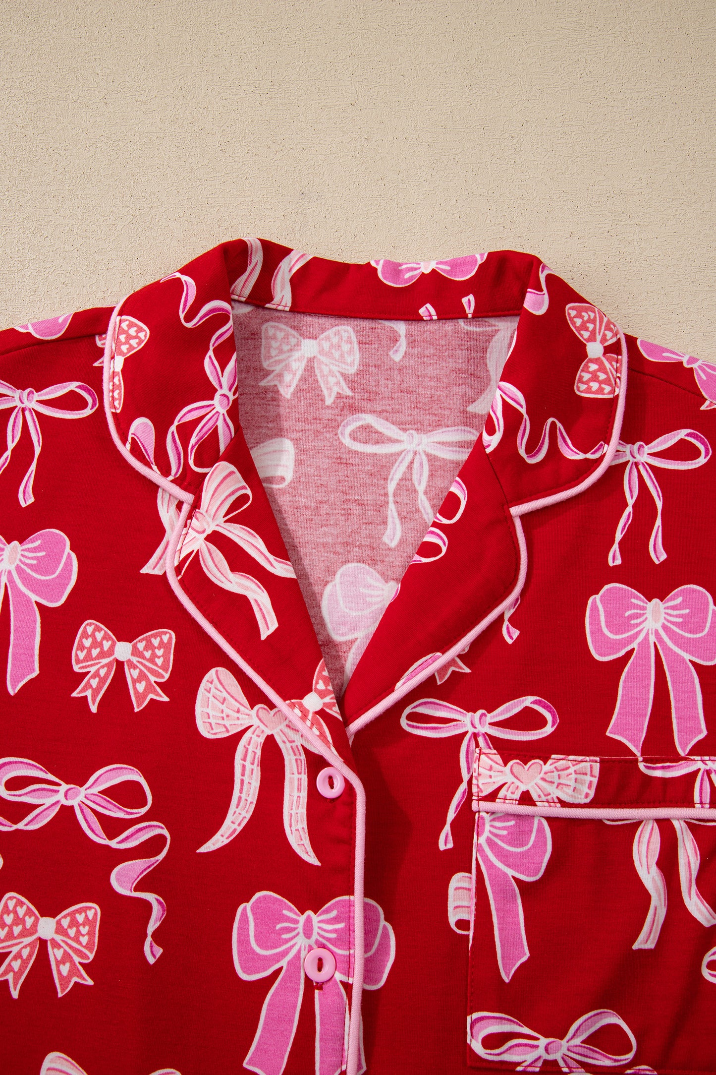 Sweet Bow Print Shirt Style Top & Long Pants Pajama Set