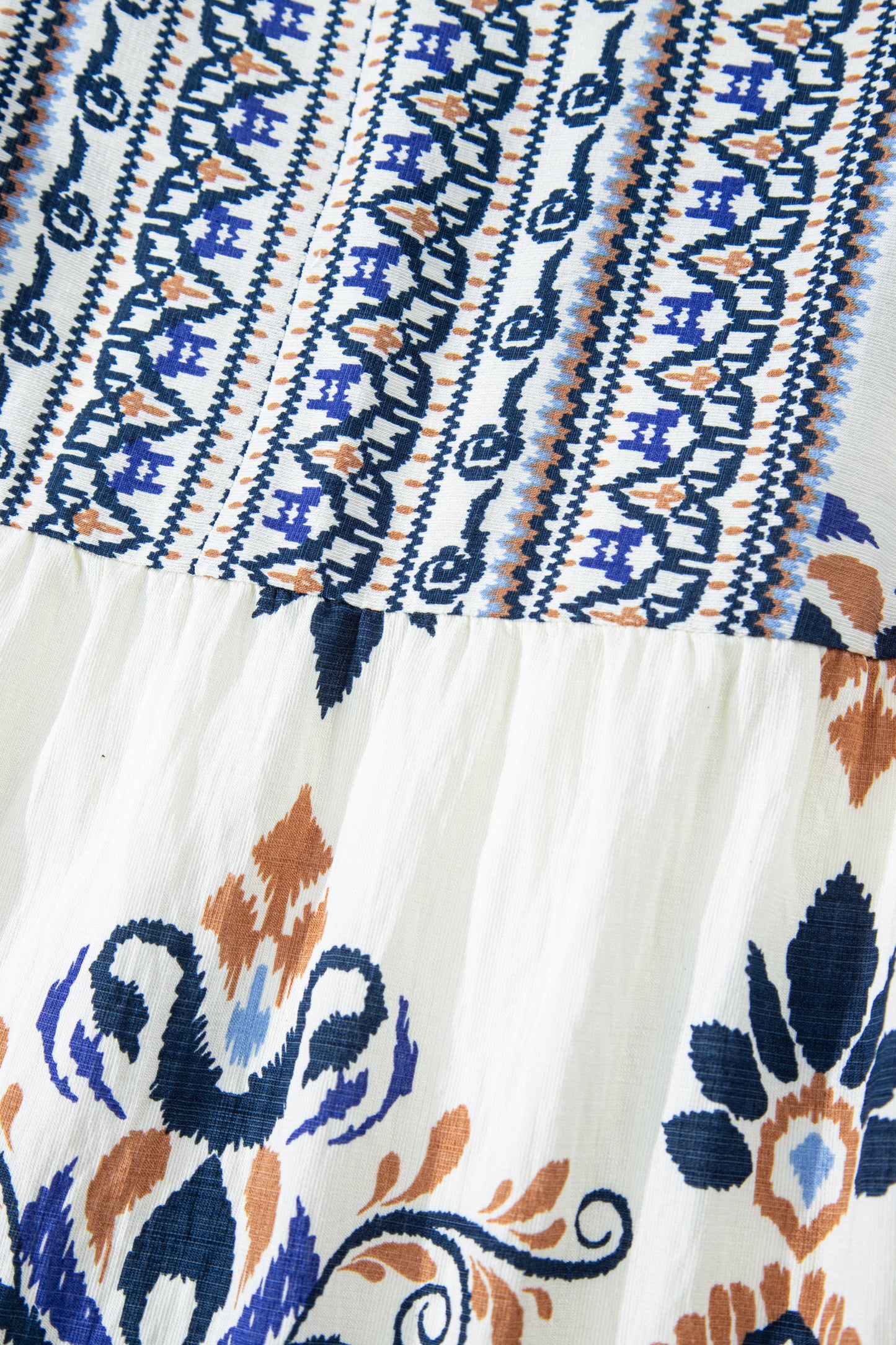 Sky Blue Boho Print Split Neck Long Sleeve Mini Dress