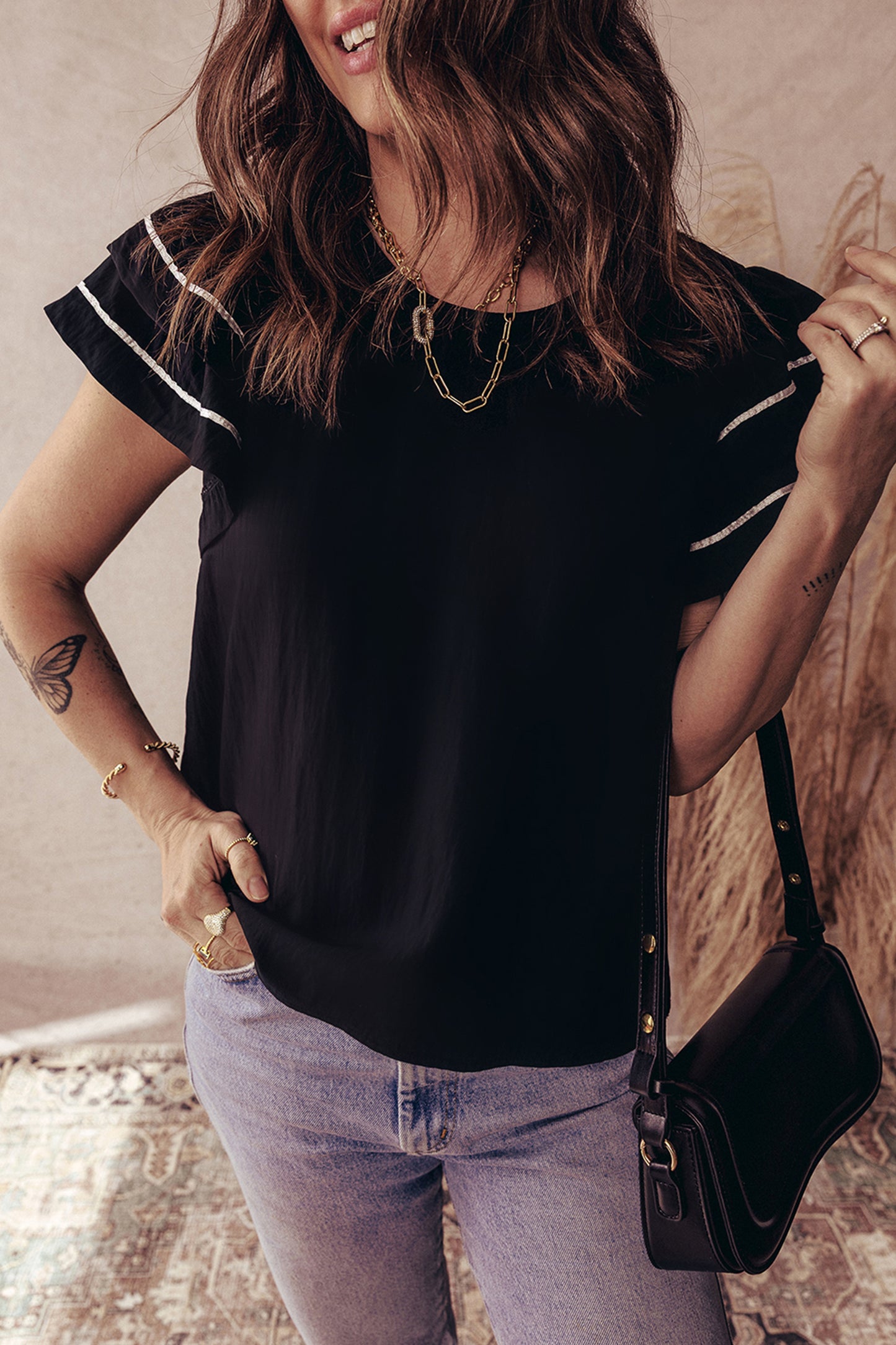 Contrast Trim Dual Ruffle Short Sleeve Textured Blouse