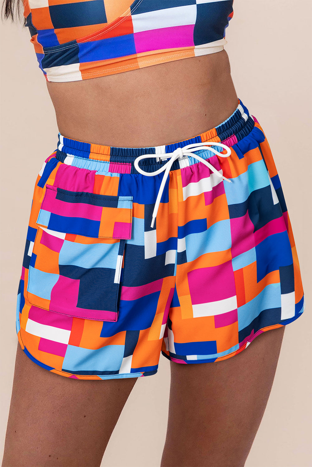 Geometric Printed Drawstring Beach Shorts with Pockets - Rose