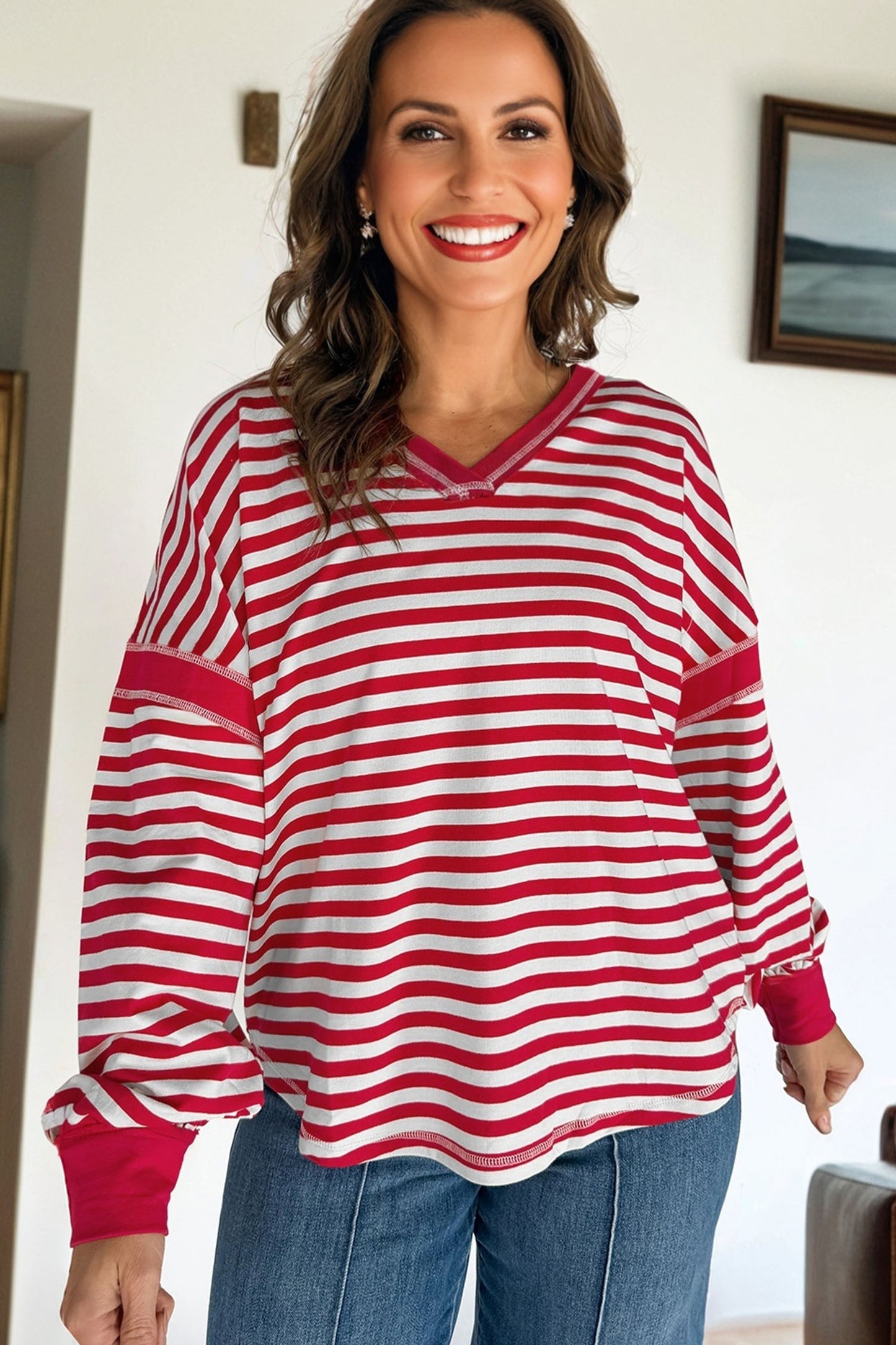 Stripe Exposed Seam V Neck Balloon Sleeve Pullover - Red