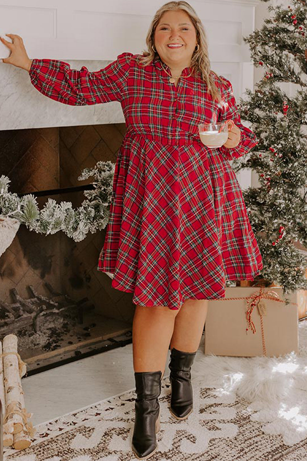 Red Plaid Half Button Long Sleeve Holiday Dress - Plus Size
