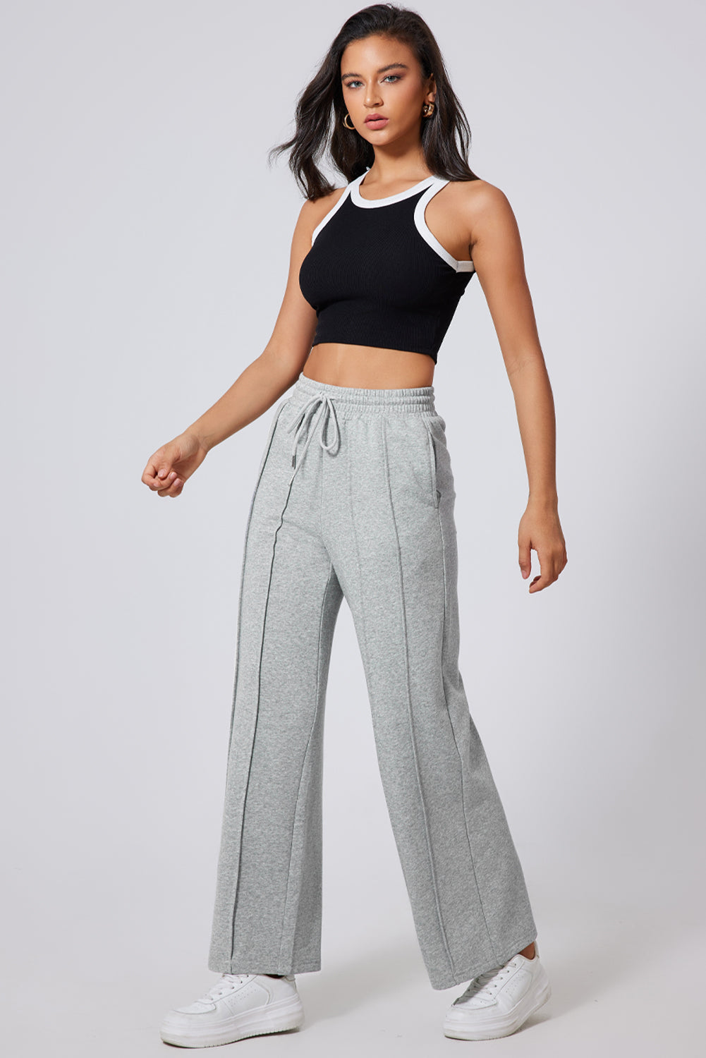 Grey Seamed Drawstring High Waist Wide Leg Sweatpants
