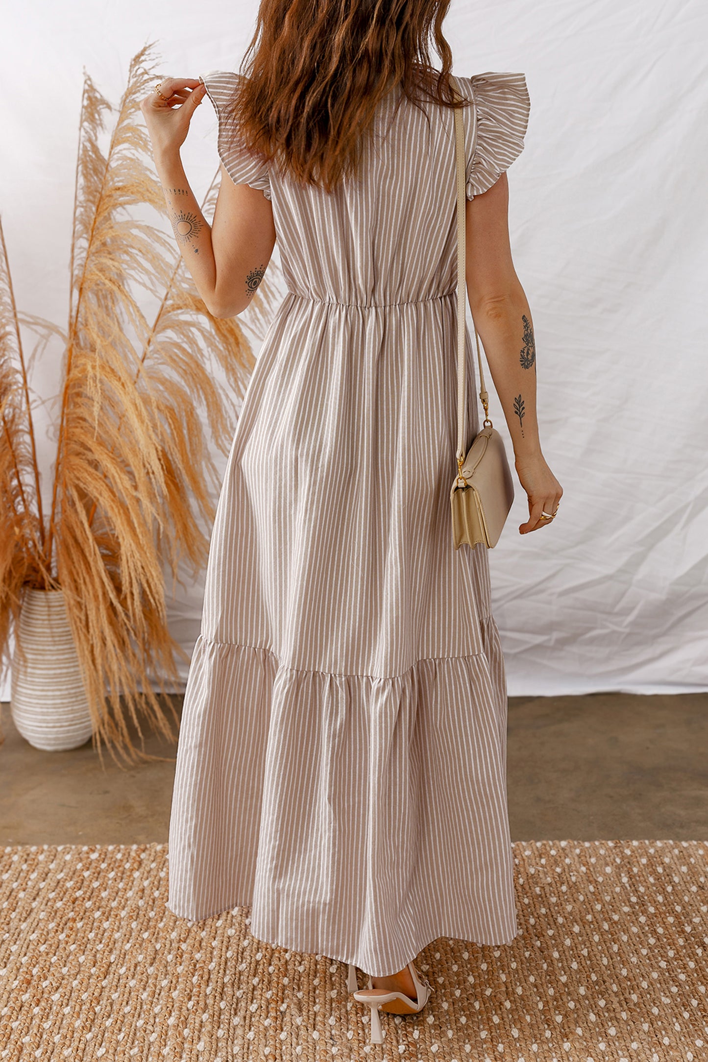 Striped Flutter Sleeve Button Front Maxi Dress