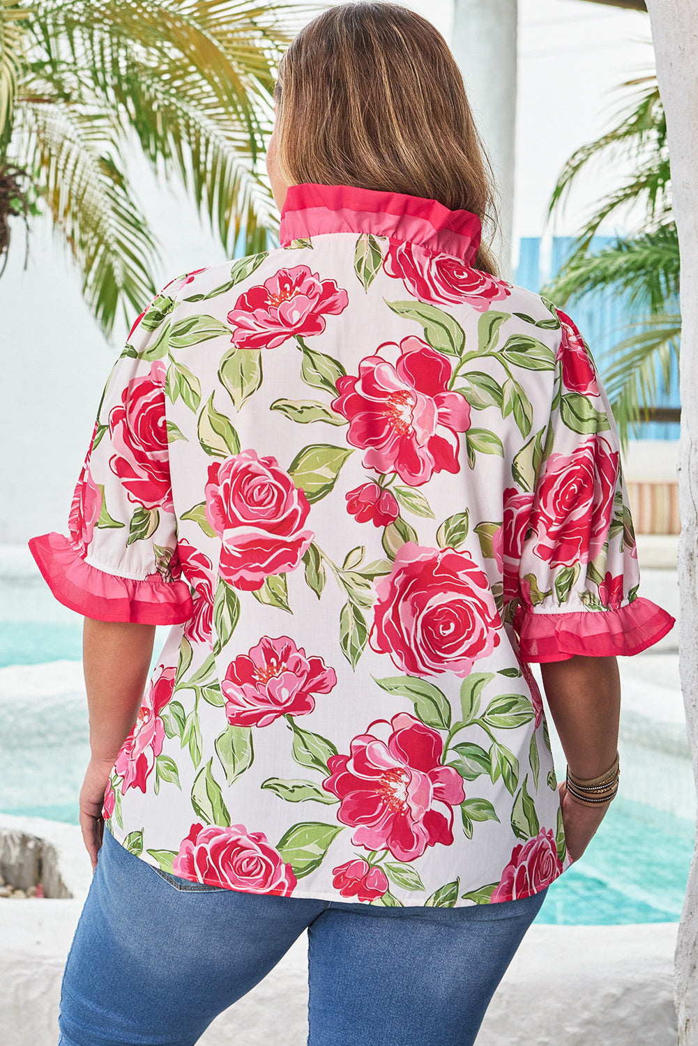 Floral Print Frilled Stripes Detail Short Sleeve Blouse