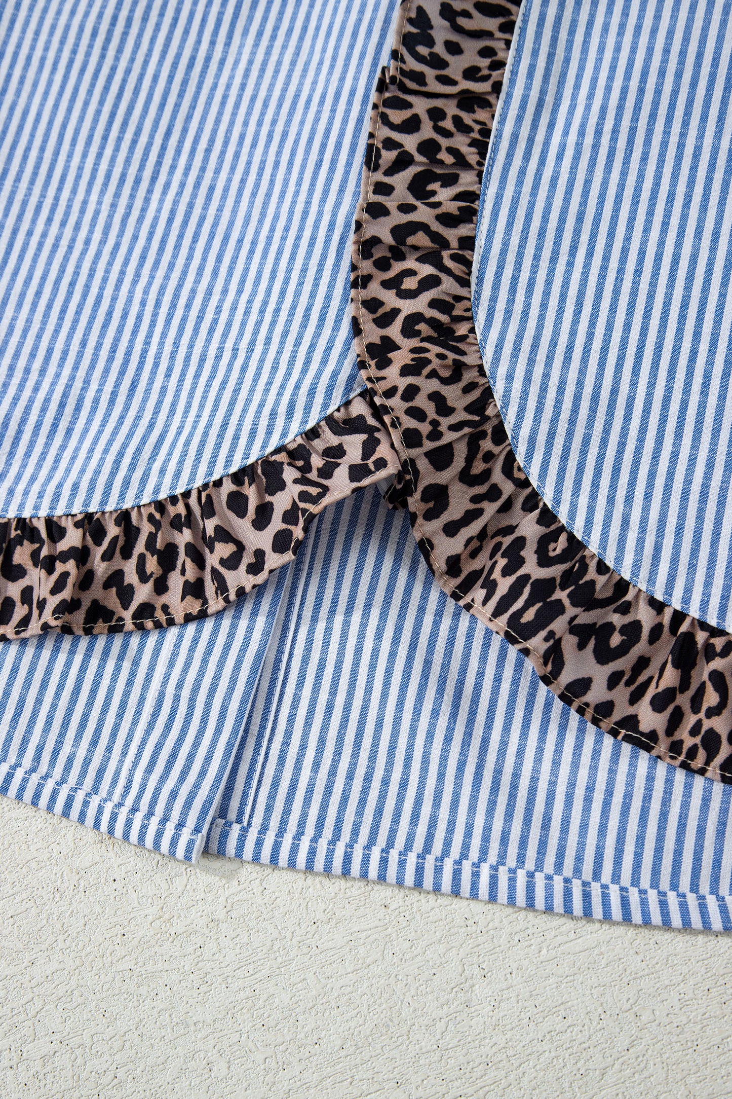 Sky Blue Stripe Contrast Frilled Leopard Trim Casual Long Sleeve Shirt