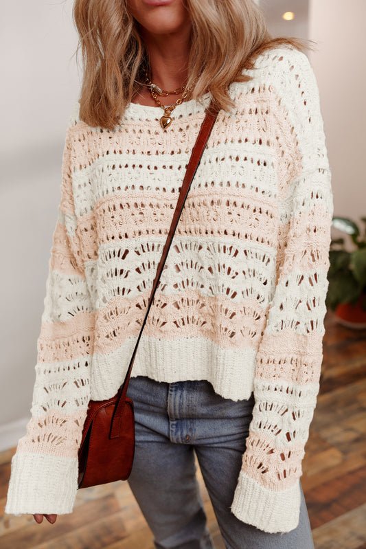 Pink Hollow-Out Colourblock Drop Shoulder Casual Sweater