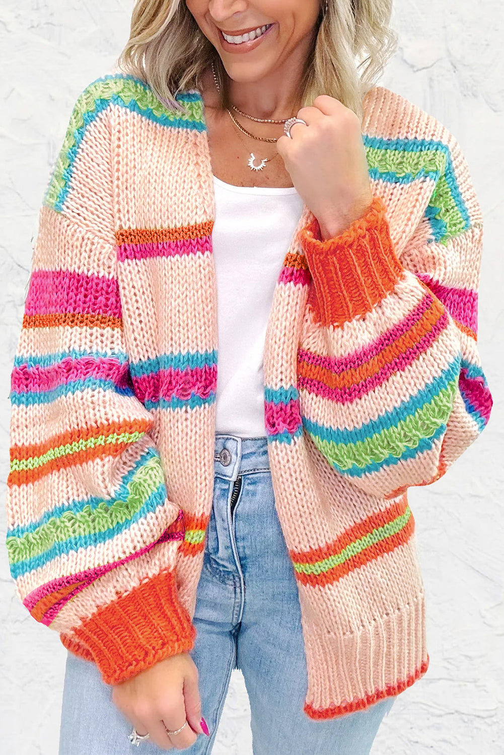 Open Front Striped Colorblock Knit Oversize Cardigan