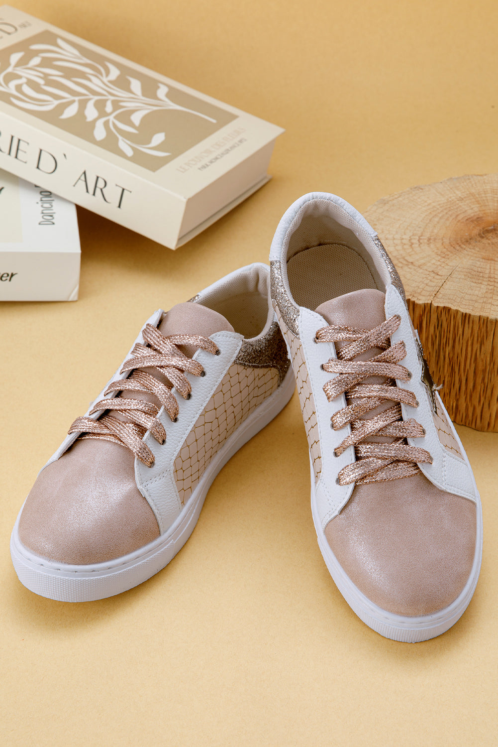Gold Glitter Star Patchwork Lace-Up Sneakers