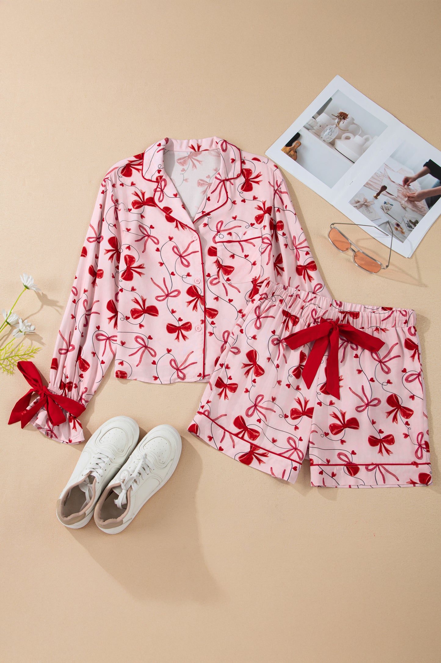 Bow Print Valentine Long Sleeve Shirt & Shorts Pajama Set