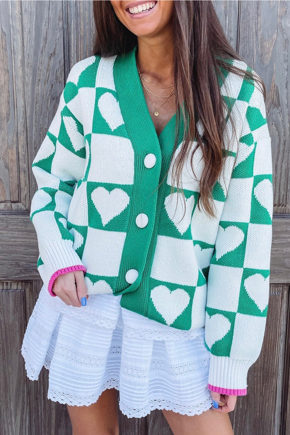 Plaid Heart Knit V Neck Button Down Sweater Cardigan