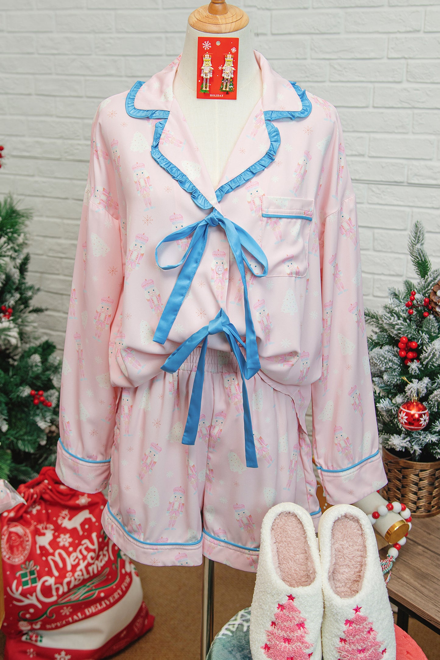Bow Tie Front Christmas Nutcracker Pajama Set