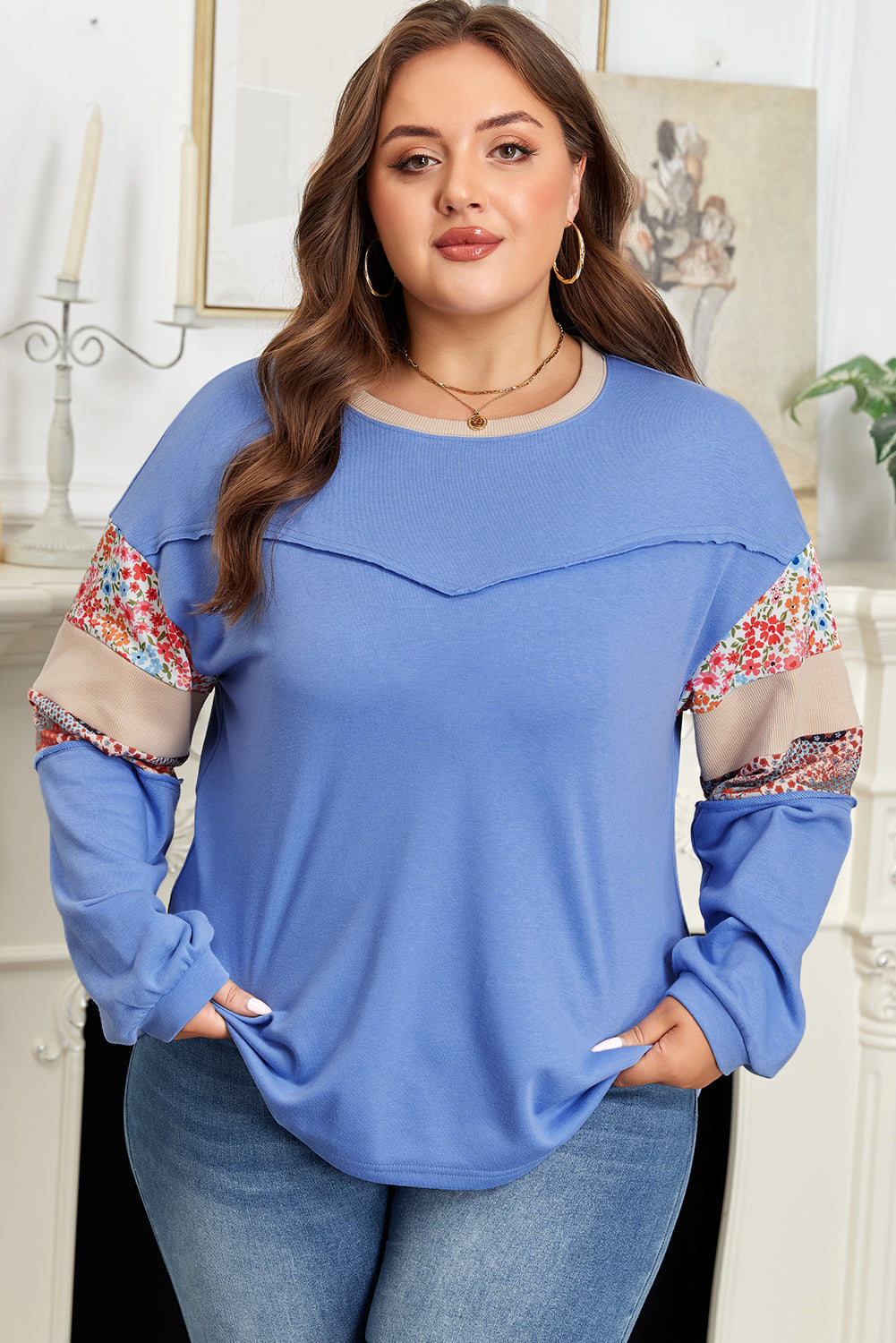Exposed Seam Floral Mixed Patchwork Relaxed Plus Size Top