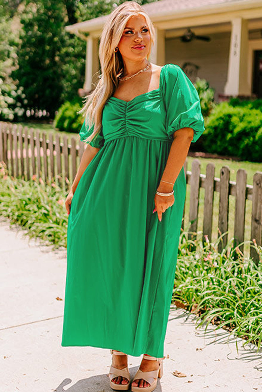 Ruched Front Puff Sleeve Plus Size Long Dress