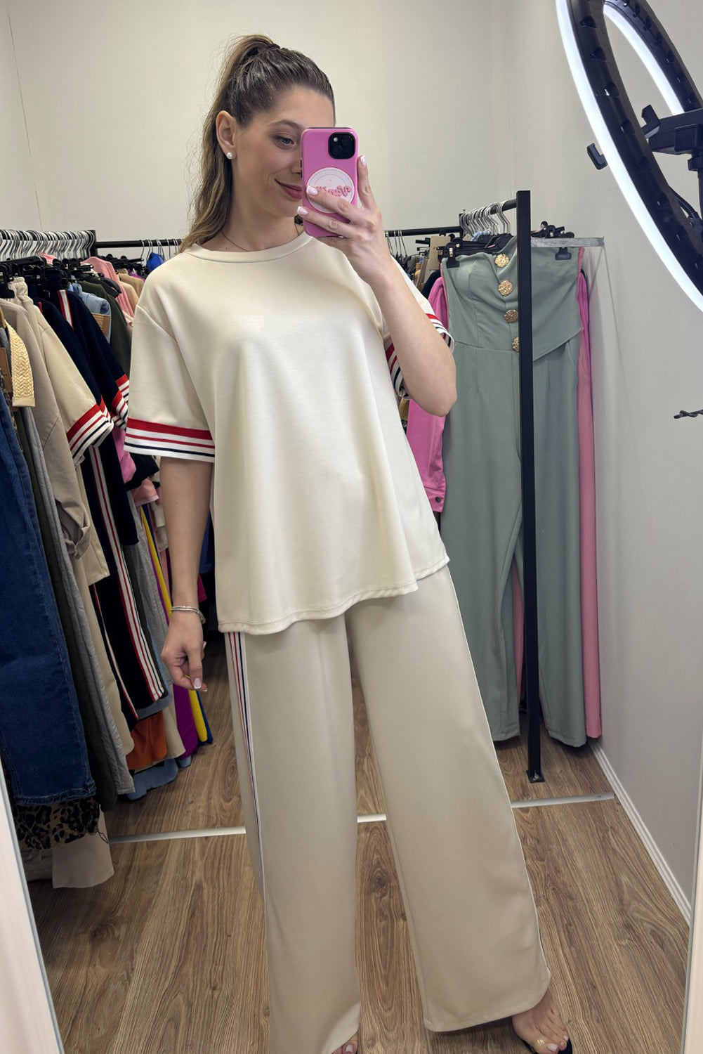 Contrast Striped Trim Crewneck T Shirt Loose Straight Pants Set