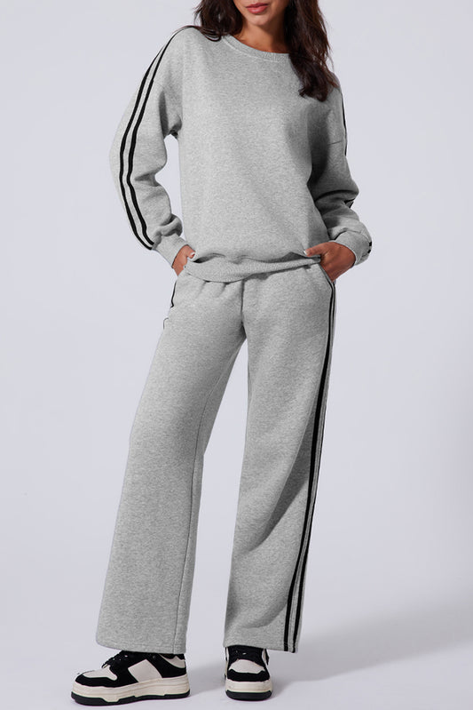 Solid Color Side Striped Sweatshirt Active Set