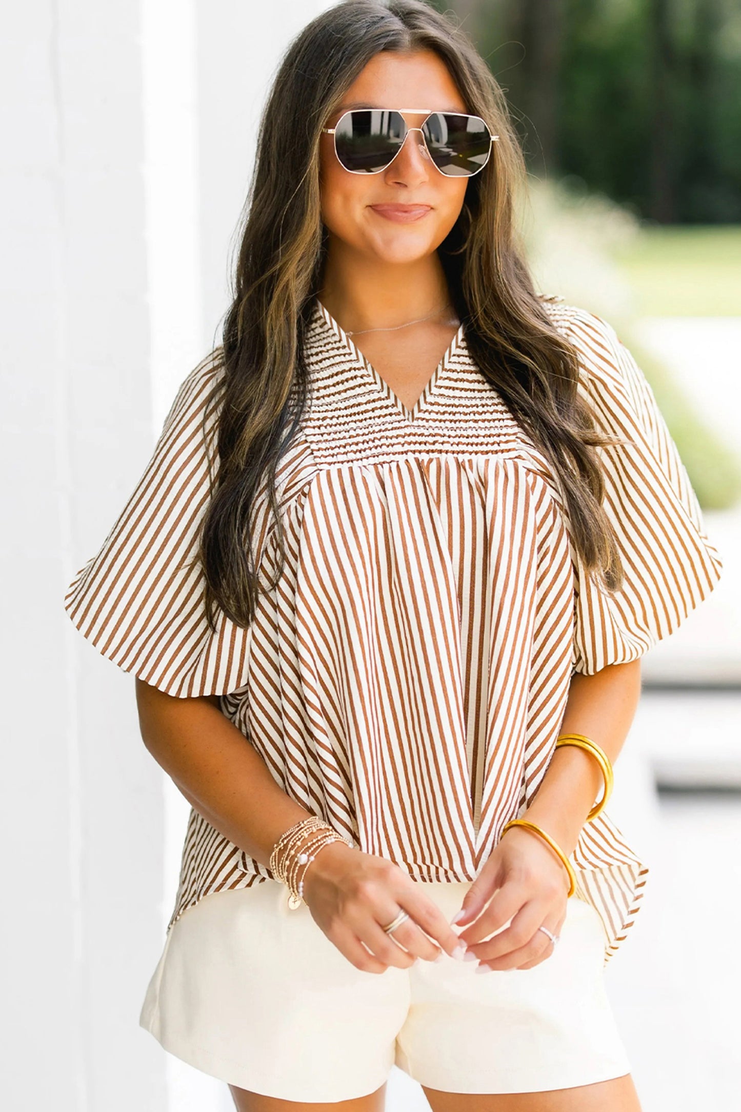 Stripe Shirred V Neck Short Puff Sleeve Blouse